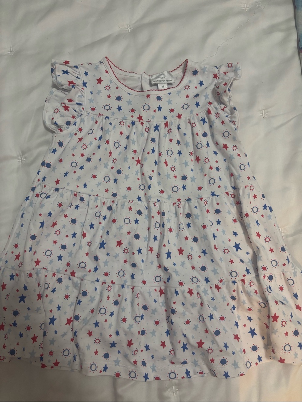 Proper Peony White Tiered Star Print Baby Dress - Red & Blue Stars